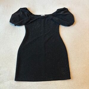 Ophelia Roe Womens Black Sparkly Puff Sleeve Square Neck Mini Bodycon Dress S